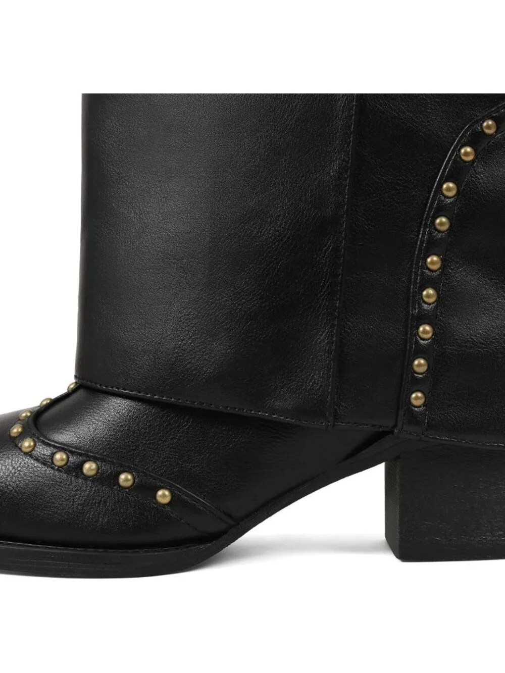 Women's Black Polyurethane (PU) Studded Fold Over Knee High Chunky Heel Boot